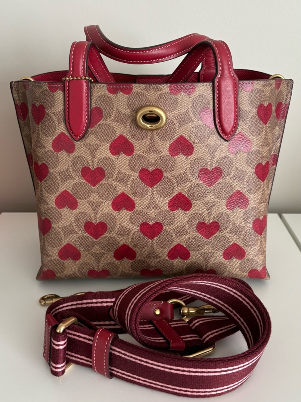 NEW Coach Brown & Red Heart-Print Tote with Striped Strap authentic